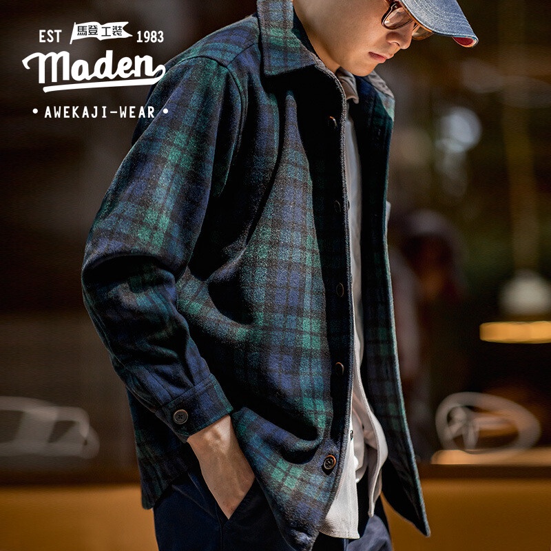 Retro blue-green checkered shirt Maden brand wool jacket loose fit