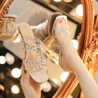 Dép Cao Gót Quai Ngang Trong Suốt Đính Đá Chống Trượt Thời Trang Mùa Hè 2022 Cho Nữ