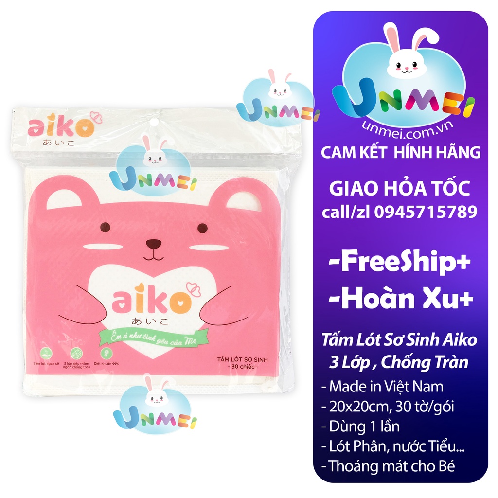 Tấm Lót Xu Sơ Sinh, Lót Phân Xu 3 Lớp Cao Cấp AIKO, UNMEI, MAMA Tấm Lót dùng 1 lần, 30 tờ/Bịch -KT20x20 Tại Mevabeunmei