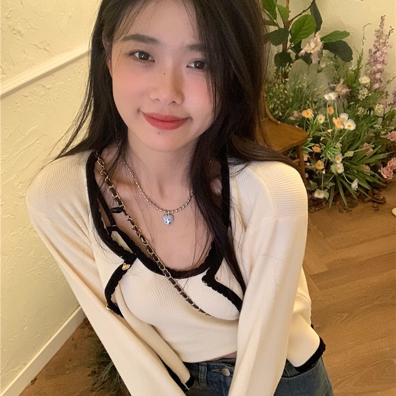 COZOKC COZOK Bộ Áo Khoác vest + Áo cardigan Dệt Kim Dáng Ngắn Phối Màu Tương Phản