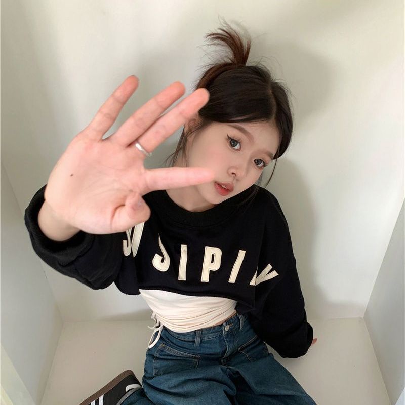 Áo Thun Tay Dài Giả Hai Mảnh + Quần Ngắn Lưng Cao Phong Cách Retro Mỹ Thời Trang Mùa Thu Dành Cho Nữ