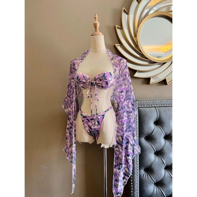 Bikini. Đồ bơi set 3 món kèm khăn quấn , họa tiết hoa nhí quyến rũ