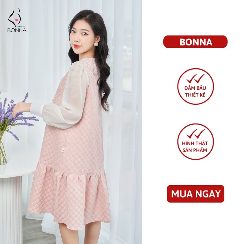 Đầm bầu thu đông bonna chất vân mềm cao cấp phối tay chất vải tơ óng đính - ảnh sản phẩm 3