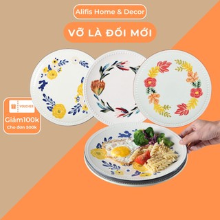 Đĩa sứ trắng , đĩa tròn họa tiết hoa lá