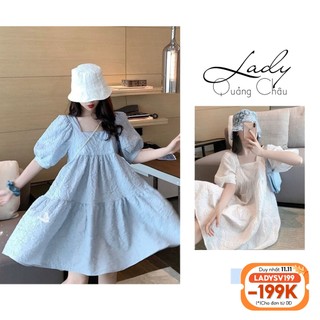Váy trắng babydoll nữ tay bồng, Đầm xoè đi biển màu xanh vải gấm xốp ladyquangchau