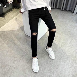 Quần jean nam rách gối màu đen trơn chất bò cao cấp co dãn 4 chiều đẹp jean trơn form dáng quảng châu dành cho nam