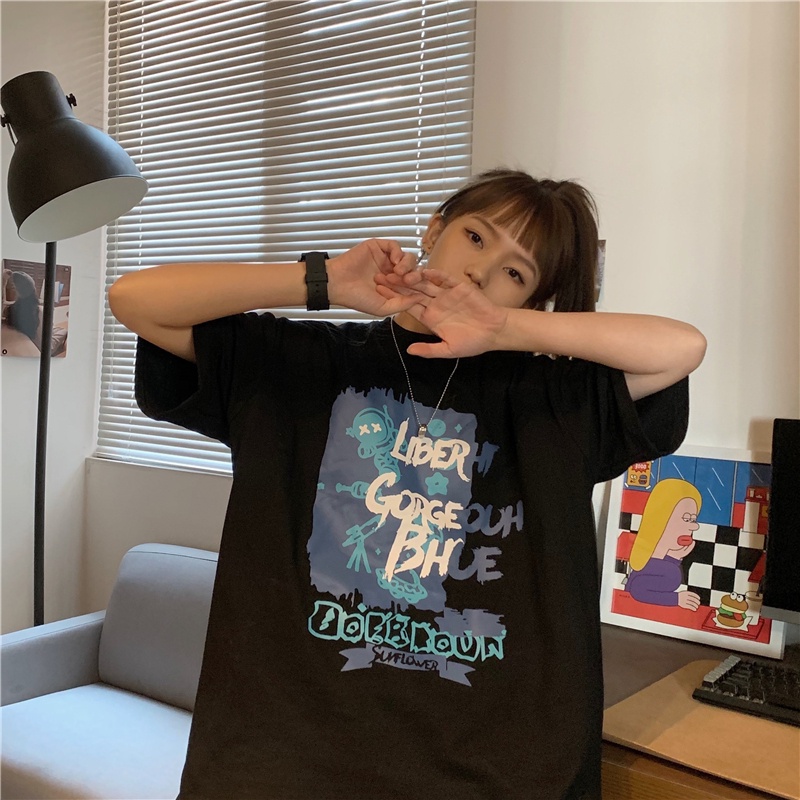 Áo Thun Ngắn Tay Dáng Rộng In Họa Tiết Xinh Xắn Theo Phong Cách Hàn Quốc