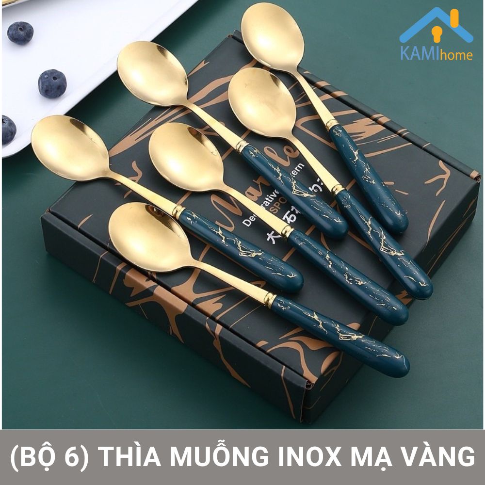 (Bộ 6) Thìa Inox Mạ Vàng, Chuôi Vân Đá Sang Trọng 17cm, kèm hộp. KM 20115