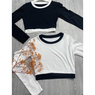 Áo croptop dài tay nữ, áo thun dài tay hở eo bo viền cổ tròn đen trắng sexy hàn quốc freesize đi chơi Wikishop C1045
