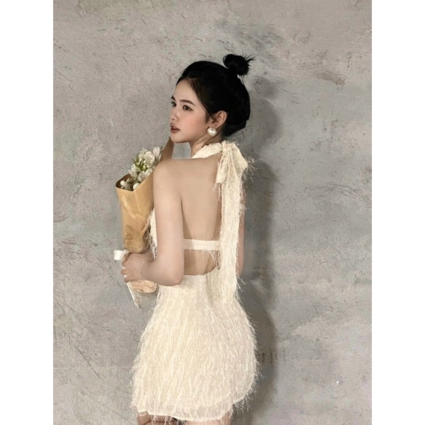 Đầm yếm tua rua hở lưng cột nơ cổ dịu dàng sang trọng đầm thiết kế dự tiệc