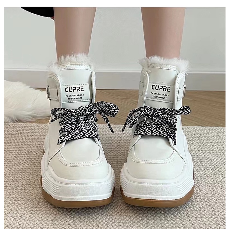 Giày Bốt Đi Tuyết Da Lót Lông Cừu Dày 5CM Cột Dây Màu Trắng / Đen Ấm Áp Thời Trang Mùa Đông 2022