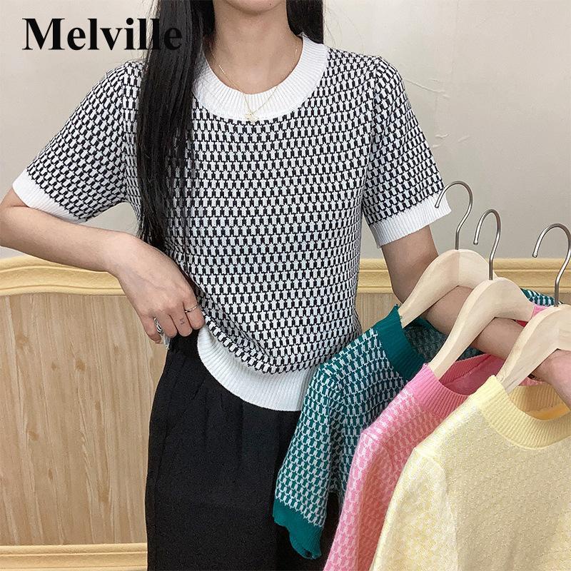 MELVILLE Áo thun nữ dệt kim tay ngắn cổ tròn nhiều màu tùy chọn đơn giản thời trang