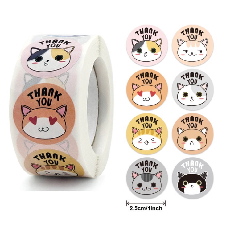 Cuộn 500 nhãn dãn cảm ơn, sticker thank you, tem tròn thank you, tem cảm ơn họa tiết mèo con