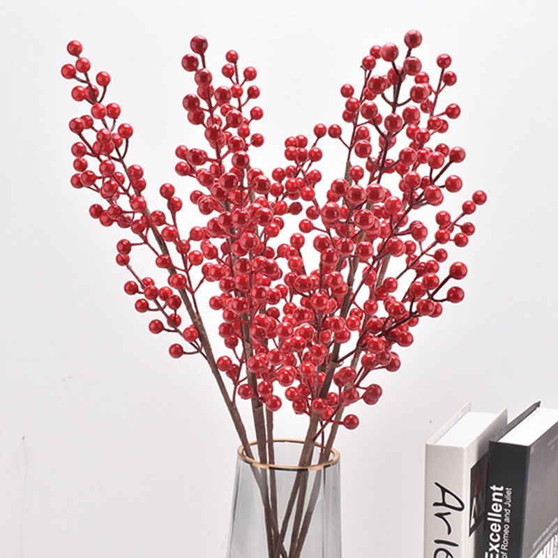 Cành Đào Đông Đỏ 12 Nhánh Cao Cấp Kèm Cành Lá Các Loại - Hoa Giả Decor Để Bàn Trang Trí Phòng Khách, Ngày Tết, Chụp Ảnh