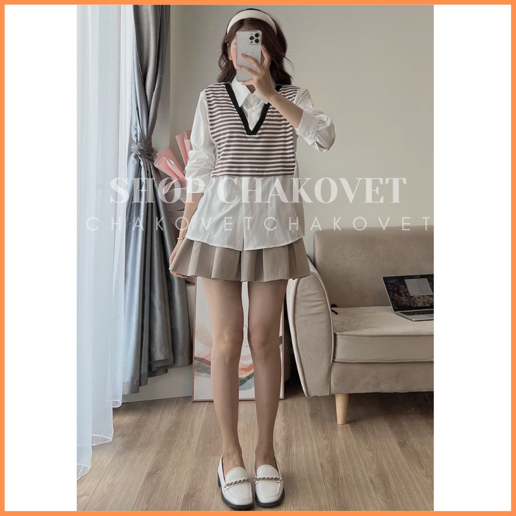 Áo Sơ Mi Nữ Dài Tay Ulzzang A8515 kiểu Áo Cách Điệu Giả Len Mongtoghi Kẻ Ngang Nhiều Màu Sành Điệu Cực Xinh - CHAKOVET