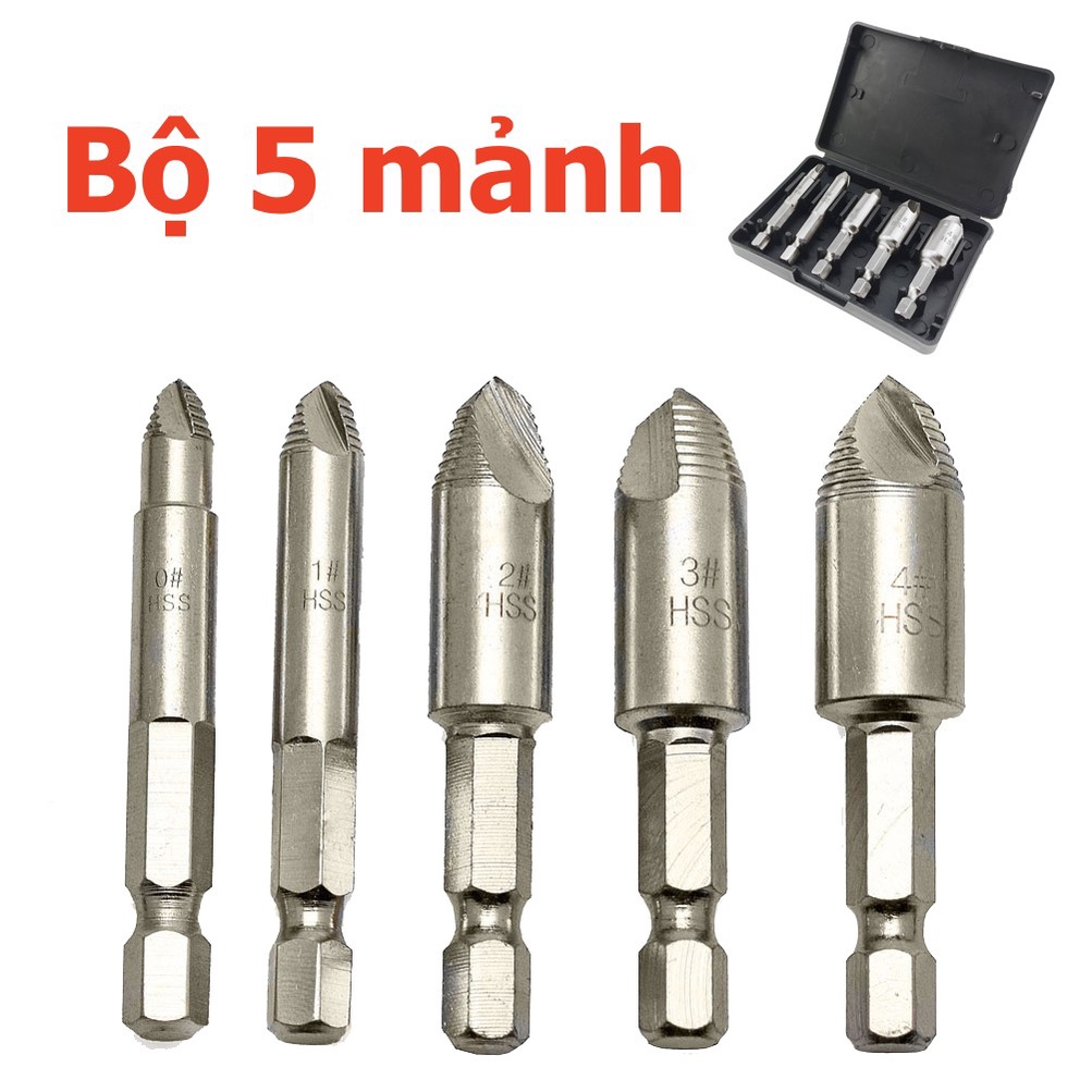 Bộ dụng cụ tháo vít gãy 5 món Mũi khoan phá ốc vít hỏng, vặn lấy vít bị toét đầu