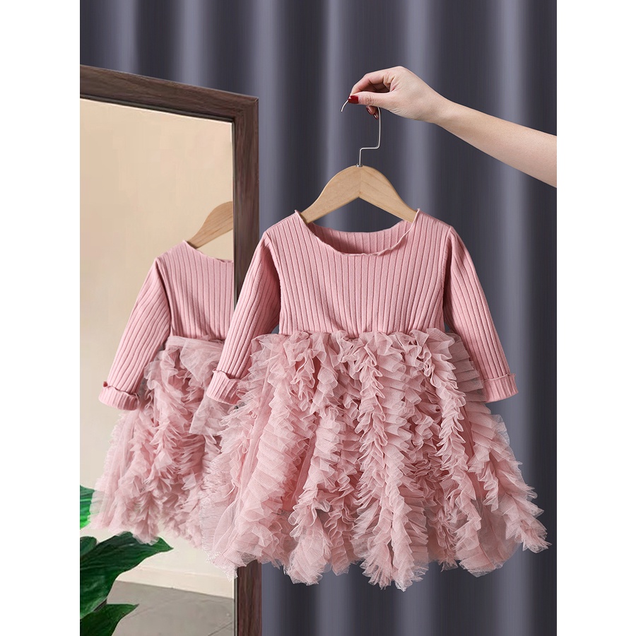 Đầm Công Chúa Tay Dài Vải Cotton Nhiều Lớp Thoáng Khí Thời Trang Xinh Xắn Cho Bé Gái