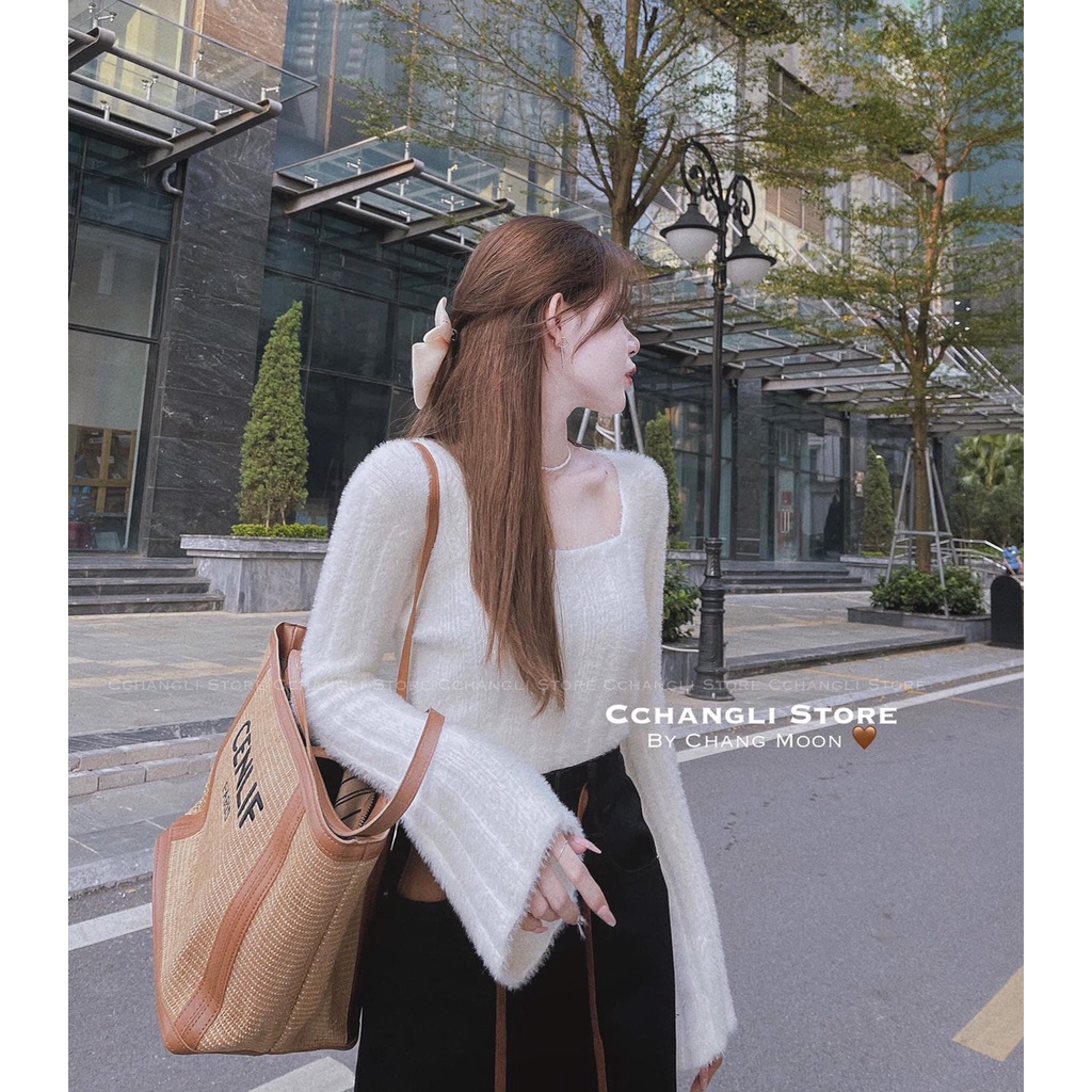 Áo len gân lông thỏ mượt nữ tay dài xòe cổ vuông dáng ôm hàng Quảng Châu đẹp dày dặn co giãn tốt mềm mịn 15356