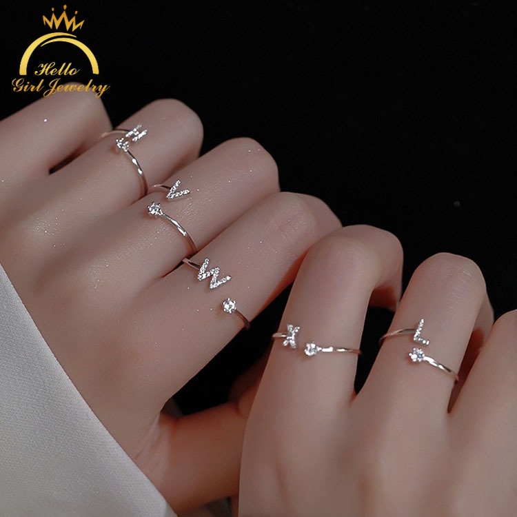Nhẫn Hở Khắc 26 Chữ Cái Tiếng Anh Đính Đá Đơn Giản Phong Cách Hàn Quốc