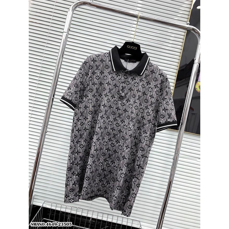 Áo Polo Nam LV Loang Vải Mát Mịn - Áo Phông Cổ Bẻ Nam Logo Hoa Đen Viền Trắng