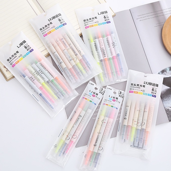 Bút bút highlight dạ quang bút nhớ set 6 bút 2 đầu nhiều màu sắc Gumihoo