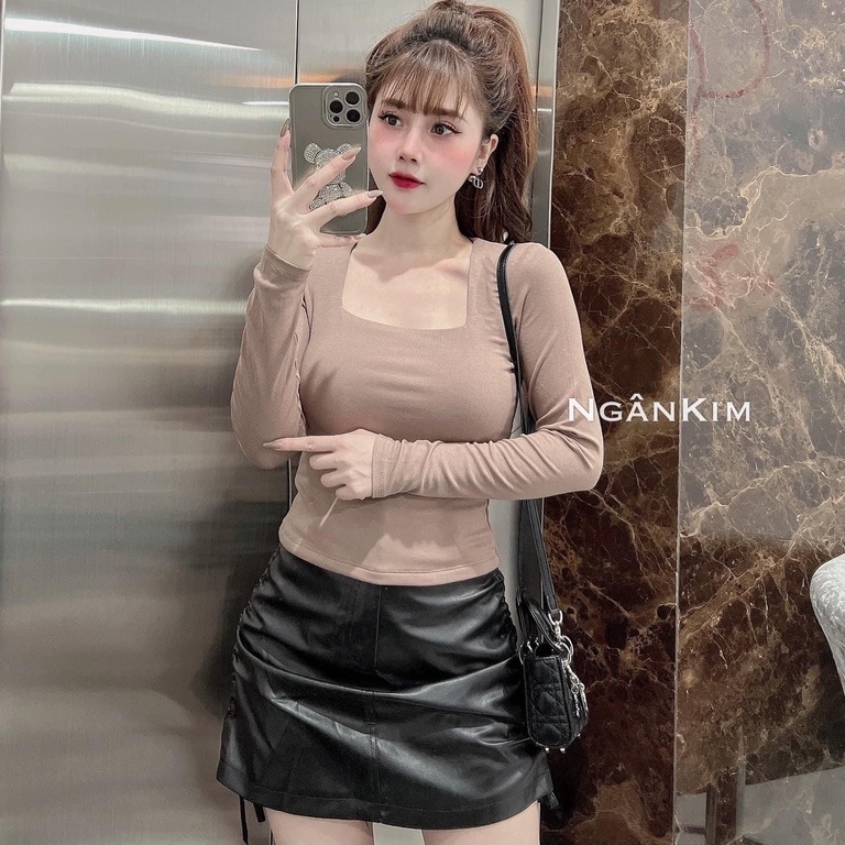 Áo giữ nhiệt nữ chất len tăm, Áo len cổ vuông dài tay xỏ ngón