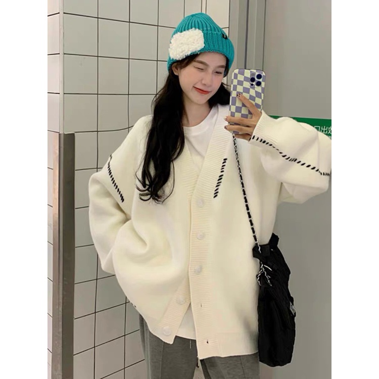 Áo len khoác cardigan nữ ulzzang, Áo khoác cadigan dáng rộng màu kem dài tay form rộng ladyquangchau