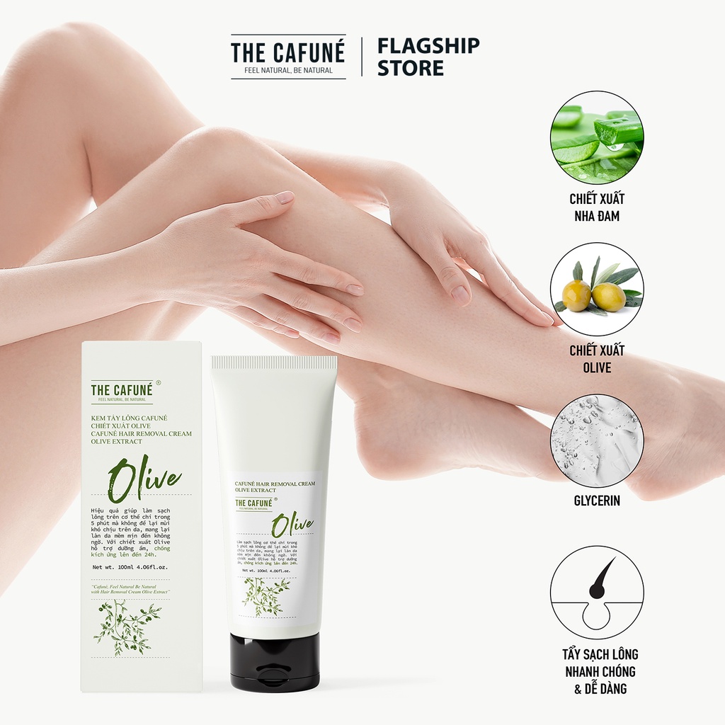 Combo Kem Tẩy Lông Olive và Serum Ức Chế Mọc Lông Arnica Cafuné triệt lông cho vùng kín, bikini, chân, tay, nách 100ml