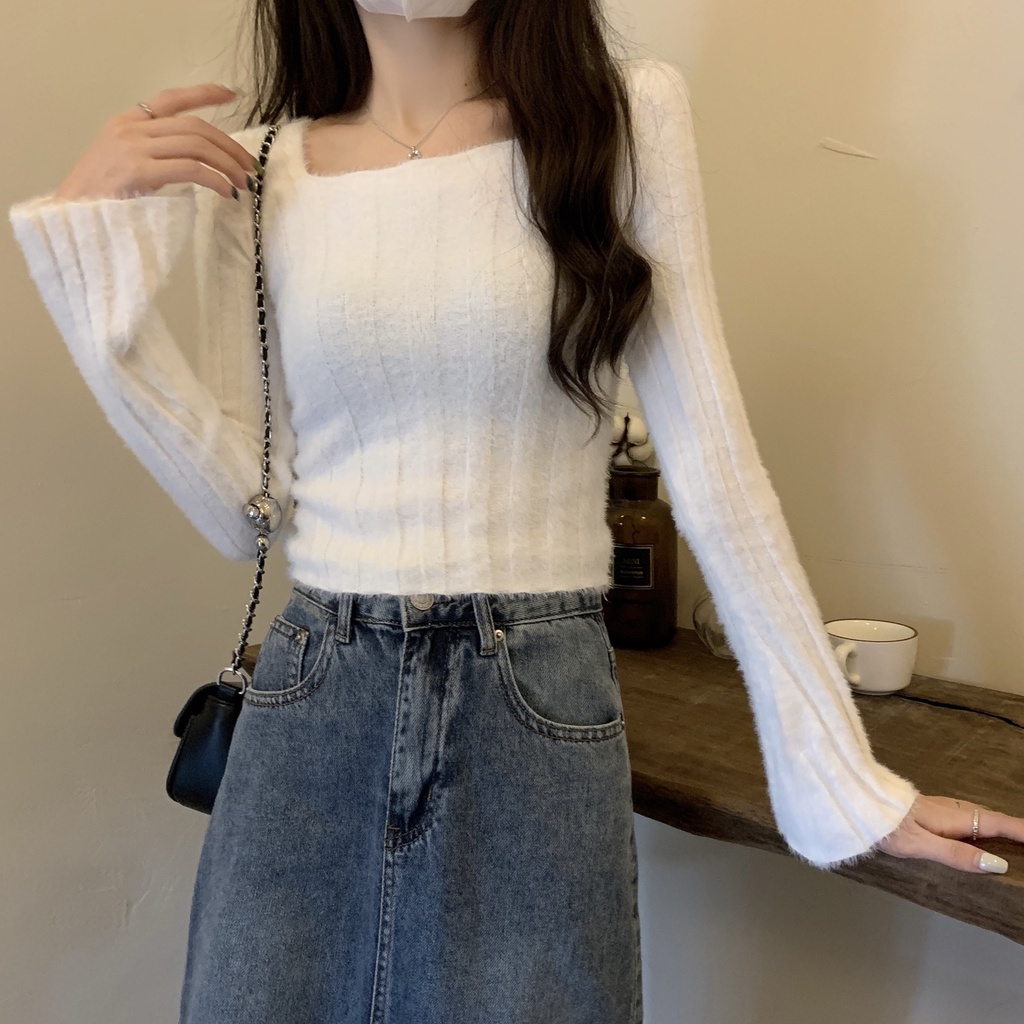 Áo Khoác Cardigan Dệt Kim Cổ Vuông Dáng Ôm Thời Trang Thu Đông Mới