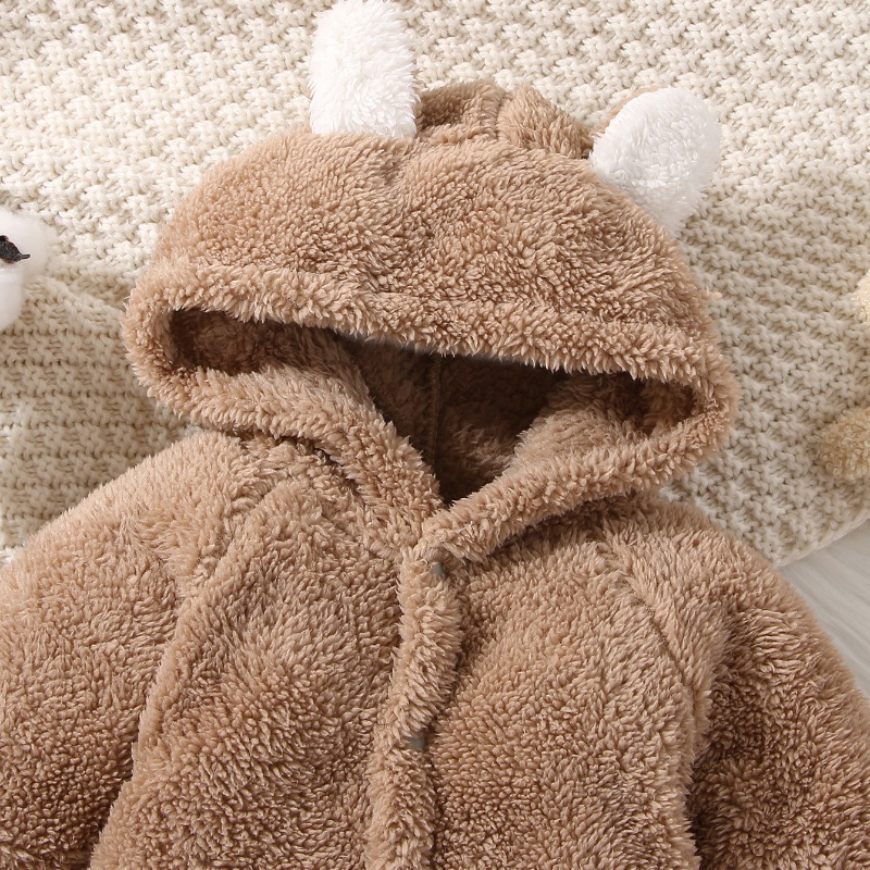 Áo liền quần lông cừu BCBL tay dài có mũ trùm đầu cho bé 0-12 tháng tuổi