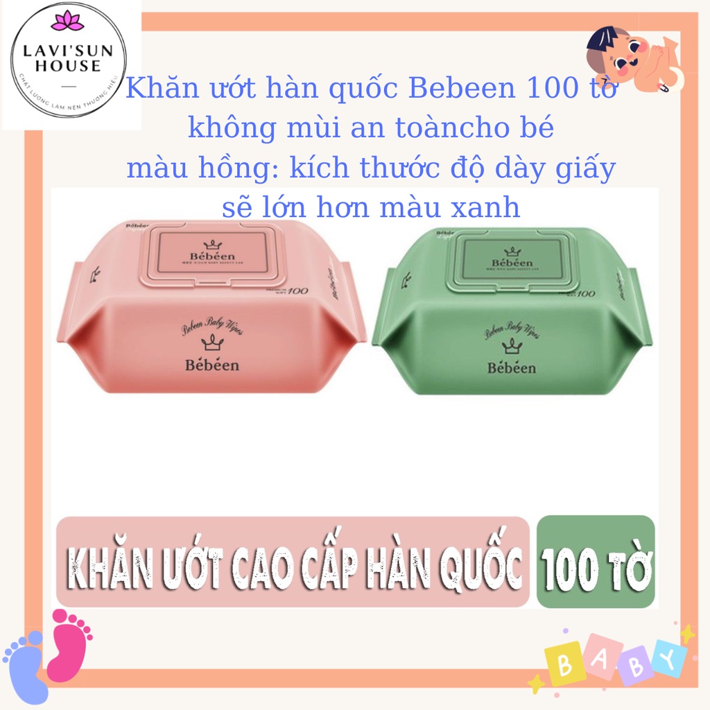 Khăn giấy ưới 100 tờ Bebeen không mùi hàn quốc hồng xanh,khăn ướt cho bé cao cấp an toàn cho bé 100to/gói