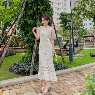 ND224 Đầm ren kem phối lưới tag hoa đuôi cá dáng dài.