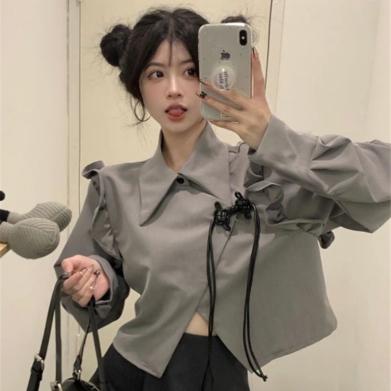 Ngọt ngào hot girl thiết kế ý nghĩa lá sen áo khoác ngắn tay dài tay phụ nữ thu đông mới lỏng lẻo đường phố chụp áo khôn