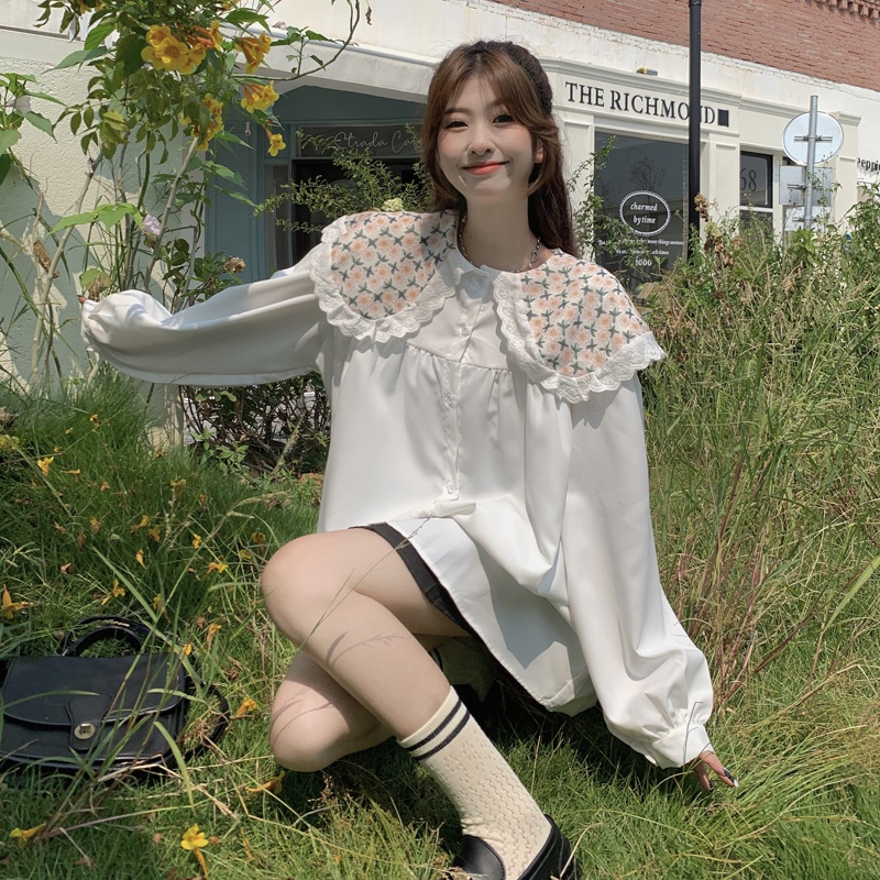 Áo sơ mi SUXI dài tay cổ búp bê họa tiết hoa dễ thương phong cách Hàn Quốc thời trang mùa thu dành cho nữ