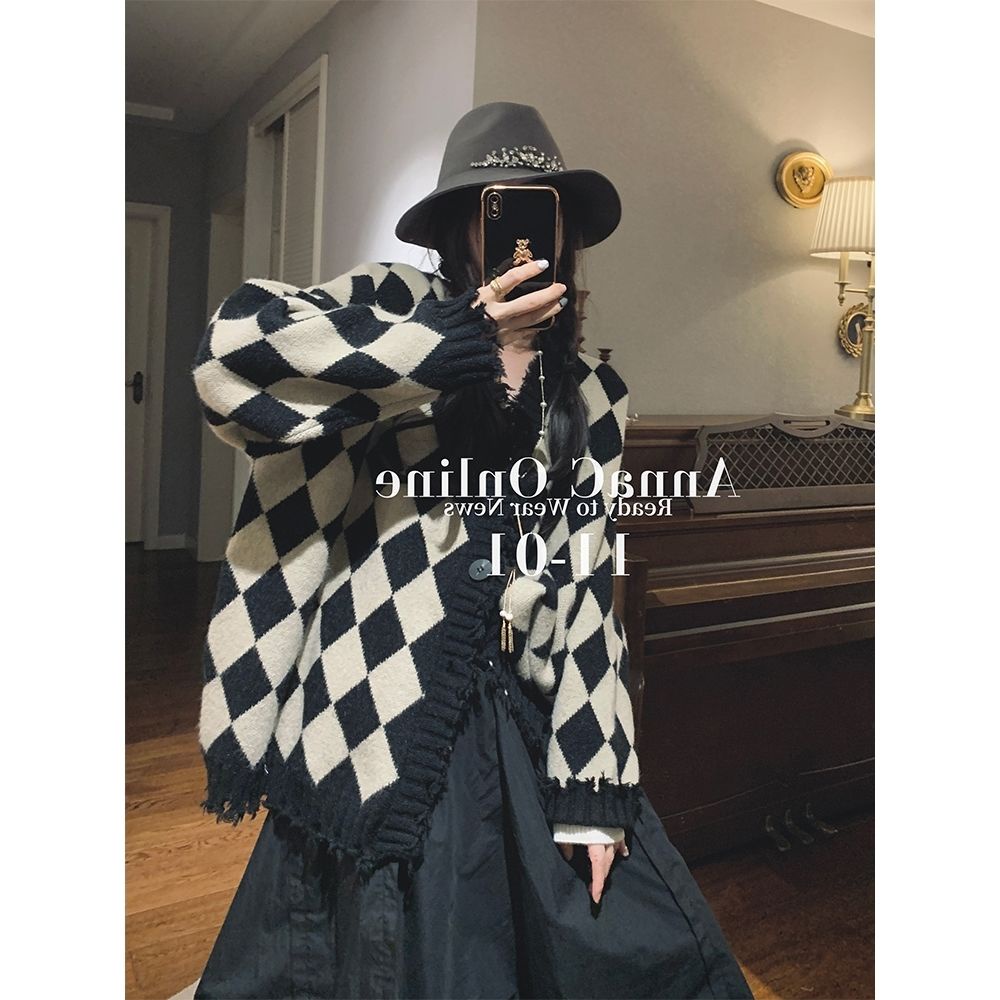 [Hàng Có Sẵn] Áo Khoác cardigan Dệt Kim Dáng Rộng Cổ Chữ v Họa Tiết Caro Đính Kim Cương Phong Cách Hàn Quốc Cổ Điển Thời Trang Cho Nữ