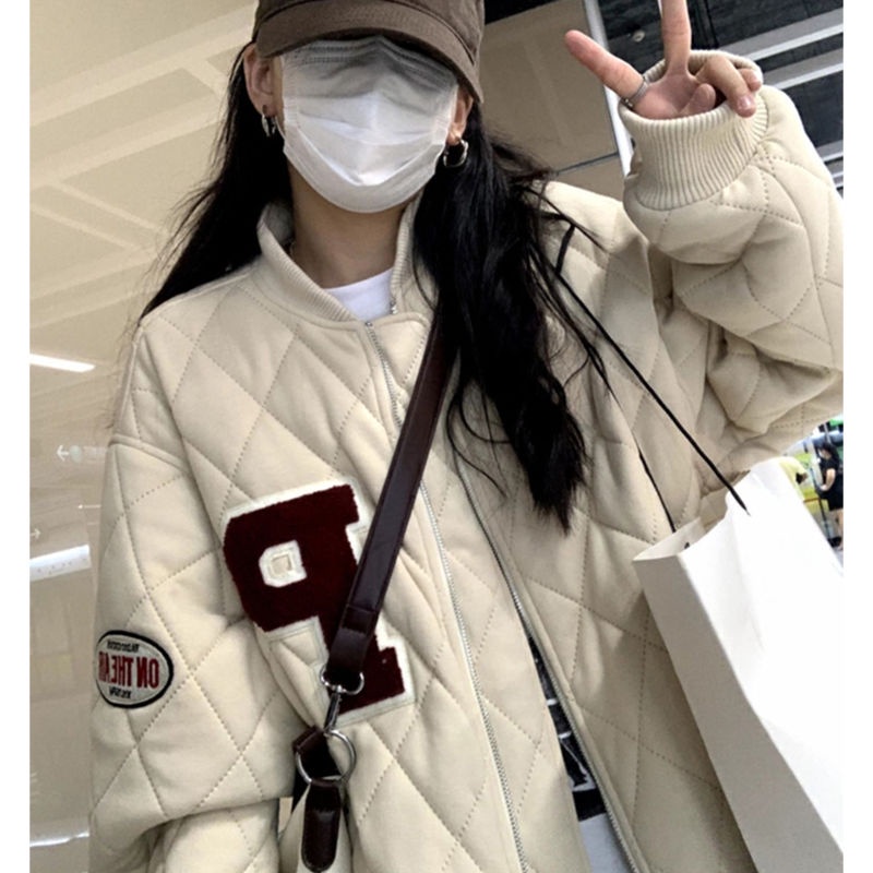 Áo Khoác Bóng Chày Đệm Mút Dày Dáng Rộng Hình Thoi Phong Cách Hàn Quốc Thời Trang Mùa Đông Mới Dành Cho Bạn Nữ
