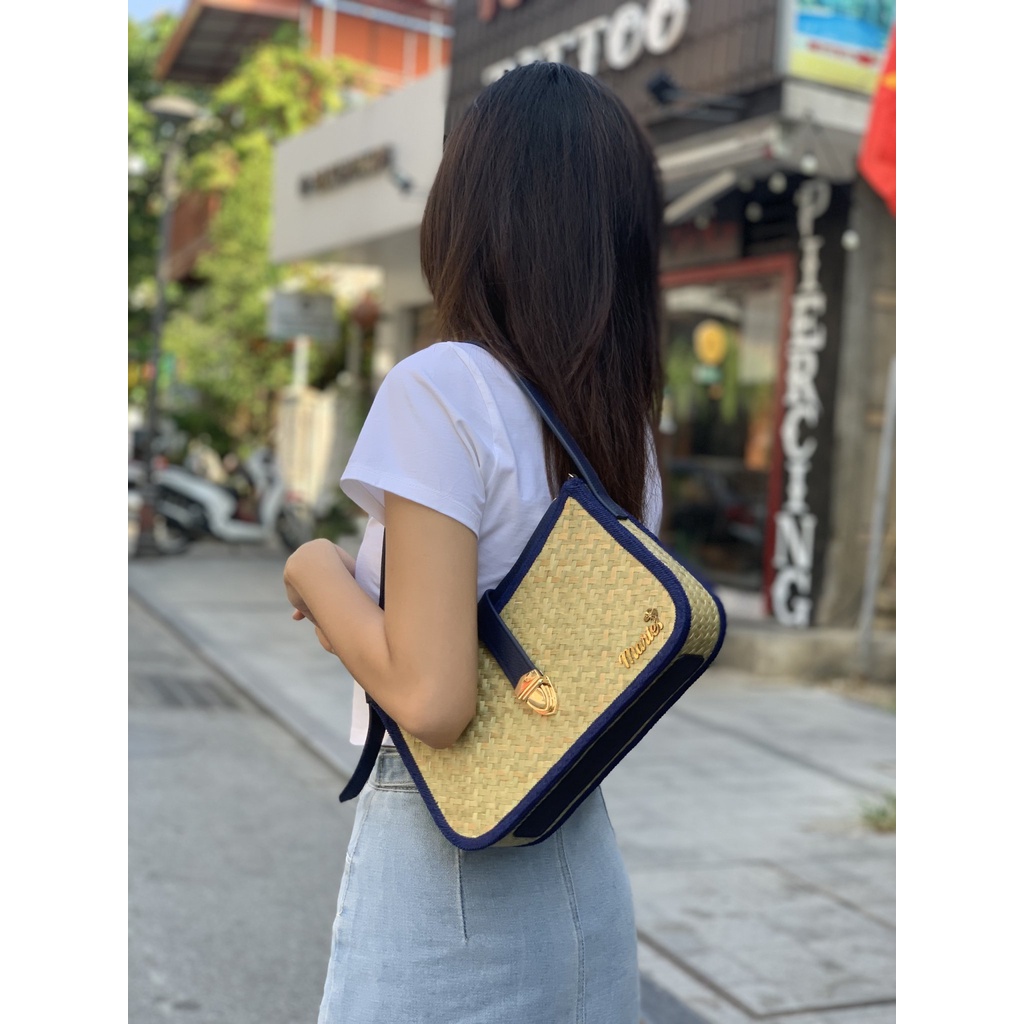 Ví Cỏ Bàng Navy MARIES thời trang phối quai da bền chắc