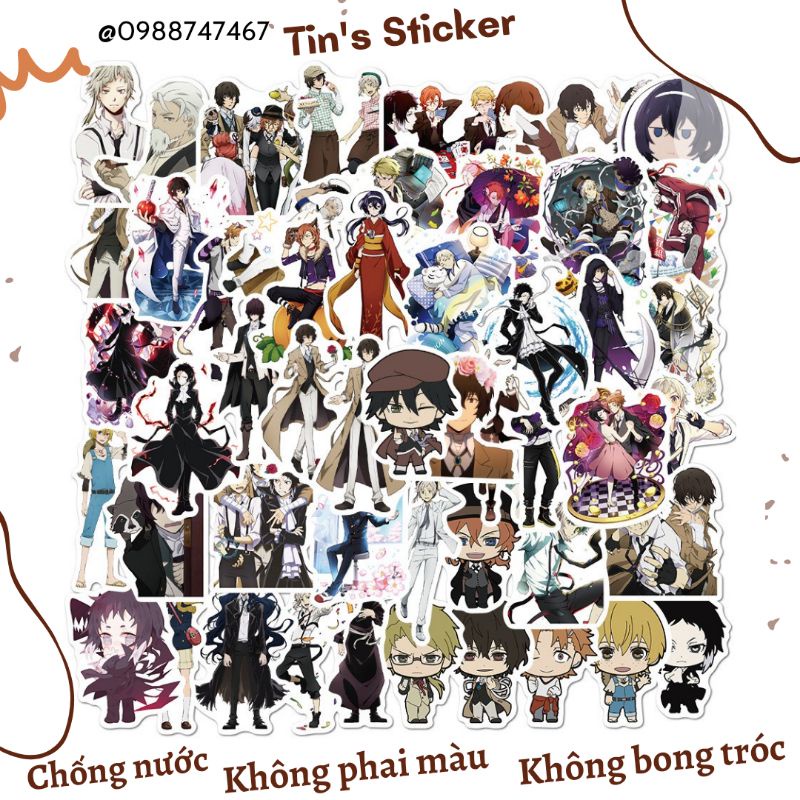 Set combo 50 miếng dán sticker hoạt hình anime Bungou Stray Dogs chống thấm nước dán nón mũ bảo hiểm laptop vali sổ