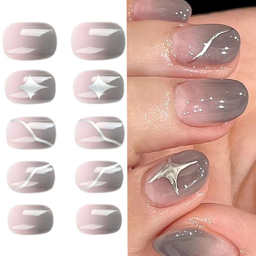 Set 24 Móng Tay Giả Dạng Nhấn Hình Ngôi Sao Màu Xám DIY