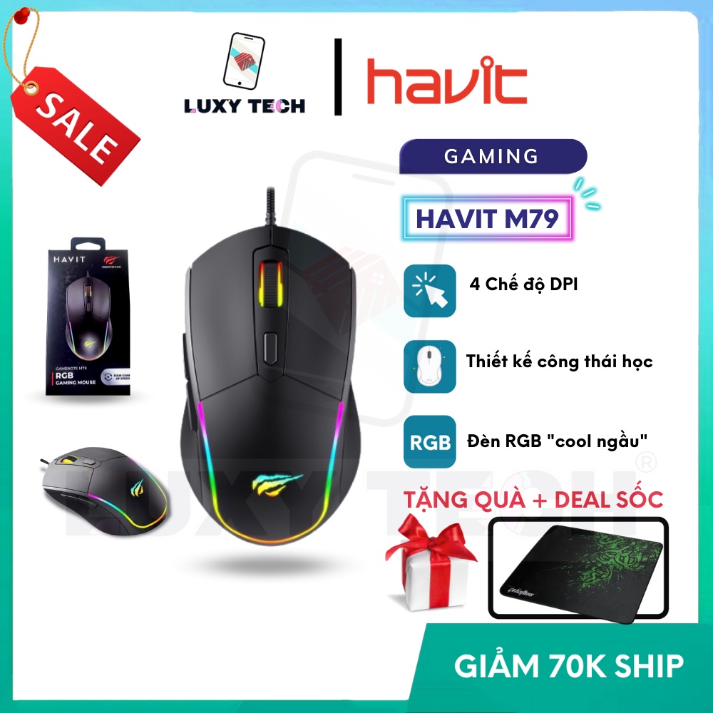 【Hỏa Tốc BD】Chuột Gaming HAVIT M79, LED RGB, 6 Nút Điều Chỉnh + 4 Chế Độ DPI, 5tr Lần Click - Chính Hãng BH 12 Tháng