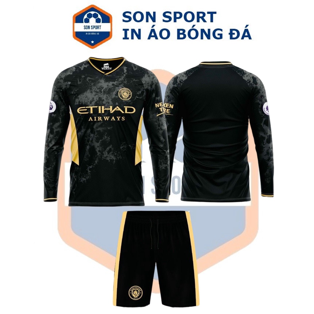 Bộ quần áo bóng đá Dài tay Thun thái CLB Manchester City xanh, trắng, đen