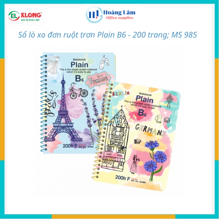 Sổ lò xo đơn Klong ruột trơn Plain khổ B6 - 200 trang; MS 985