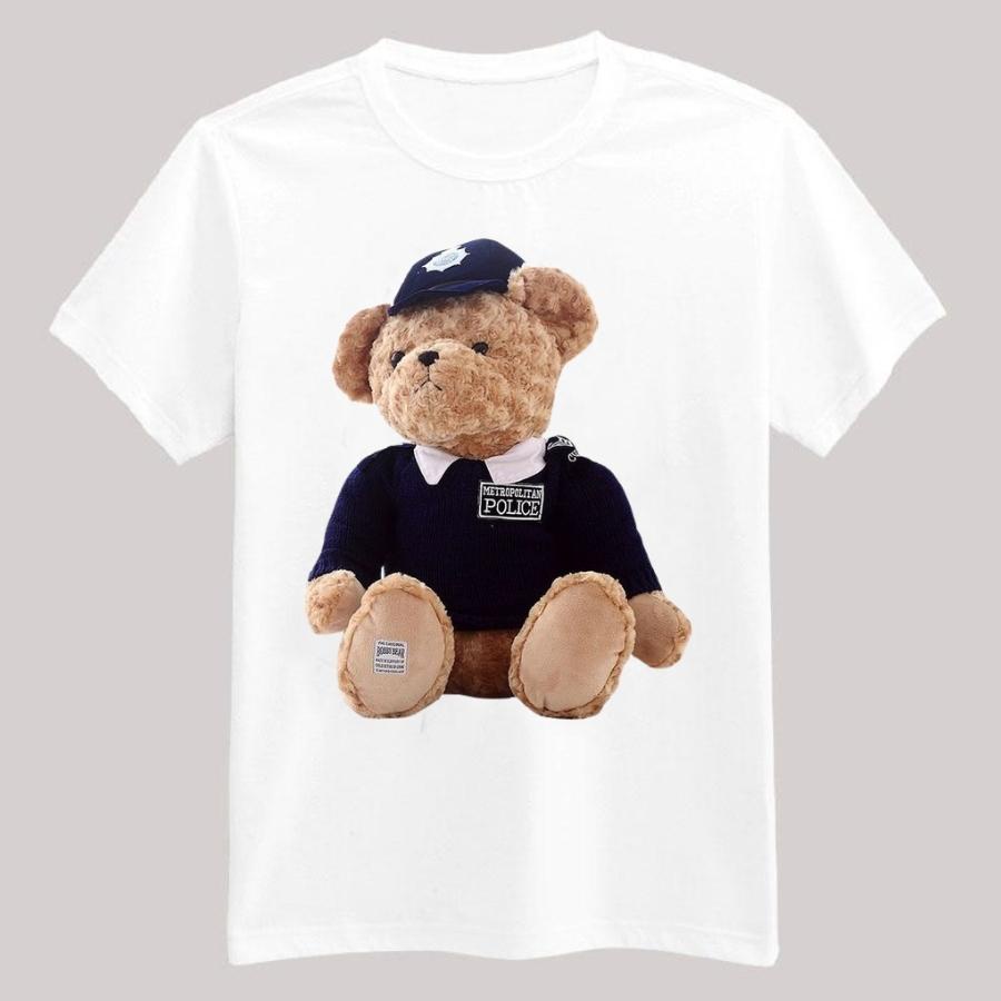 Áo phông nữ nam cotton vải thoáng mát dày dặn co giãn in hình gấu police, áo thun Unisex