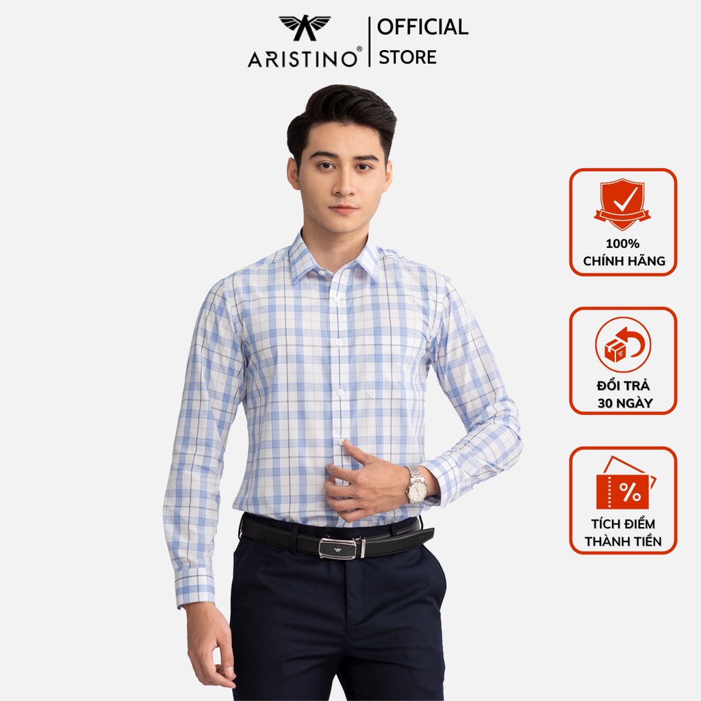 (Mẫu mới) Áo sơ mi nam dài tay Aristino họa tiết kẻ xanh trên nền trắng trẻ trung, nhã nhặn - ALS13802