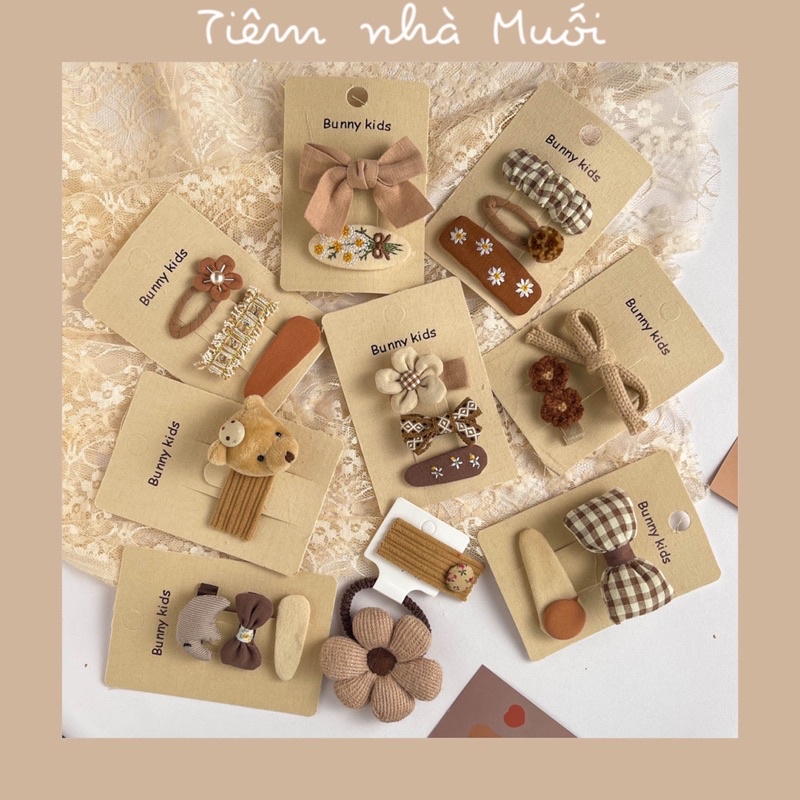 Set 2/3 kẹp tóc tone nâu/be siêu vintage phong cách Hàn cho bé gái