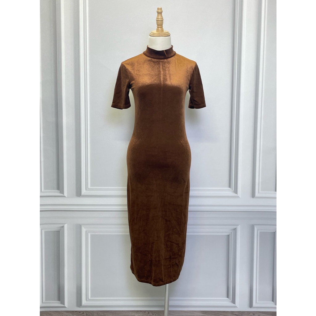 New nguyên tag Váy nhung dáng dài ZARA hàng hiệu chính hãng thời trang nữ V710 màu nâu size S secondhand thanh lý ký gửi