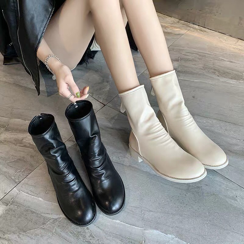 Bốt nữ da nhăn kéo khoá sau siêu, Giày boots nữ chất da hàng full box xịn xò