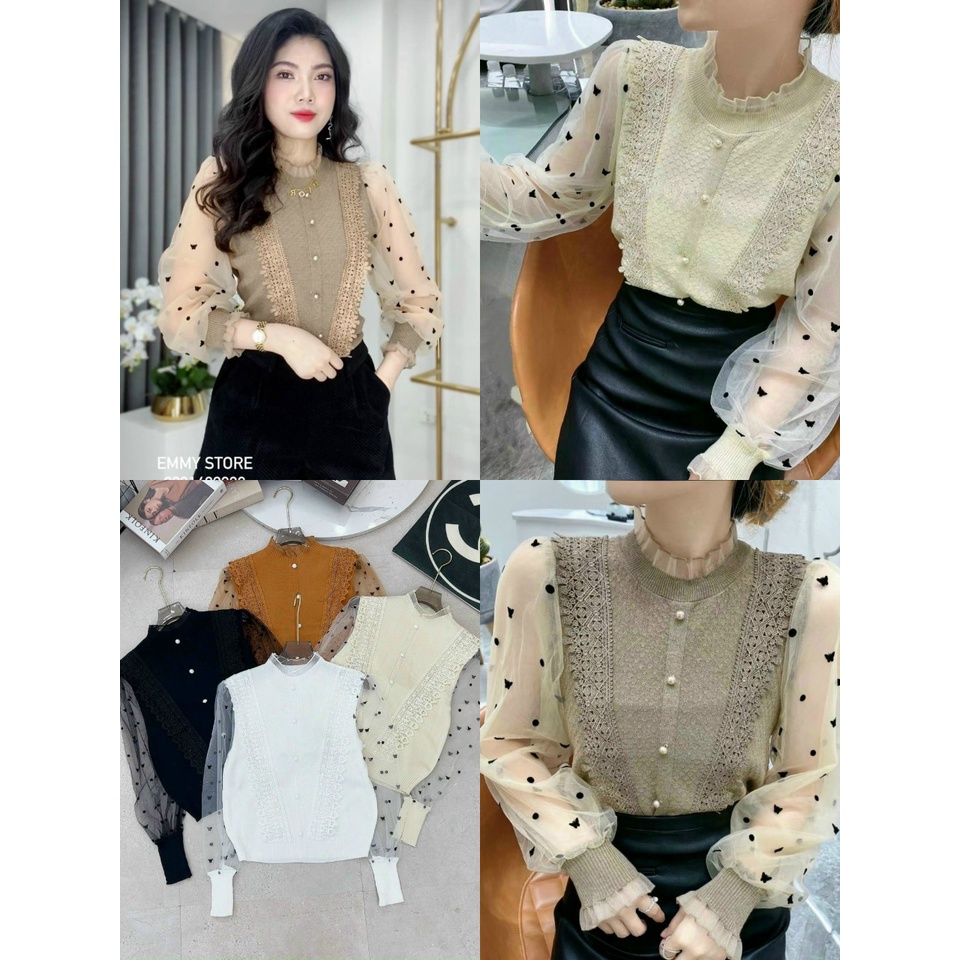 Áo Len Kiểu Tay Phối Ren Chất Len Mềm Không Bai Không Xù Lông Giặt Máy Vô Tư Nha Các Nàng