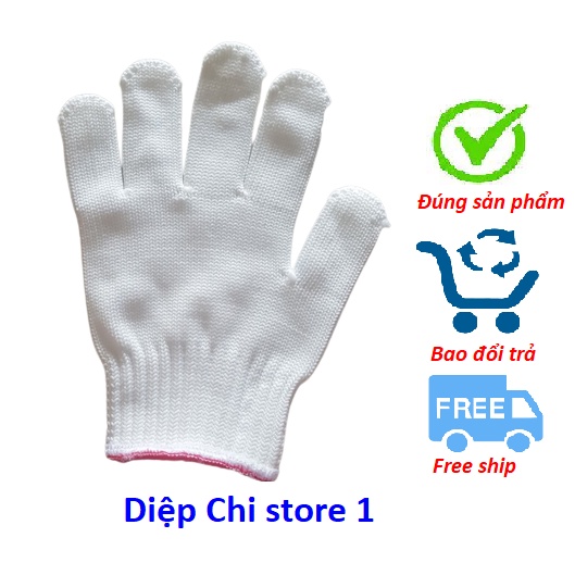 Găng tay sợi poly, bịch 12 đôi, dày 50 gr/ đôi, trắng, ôm sát, chống trượt, chống giãn, thao tác linh hoạt