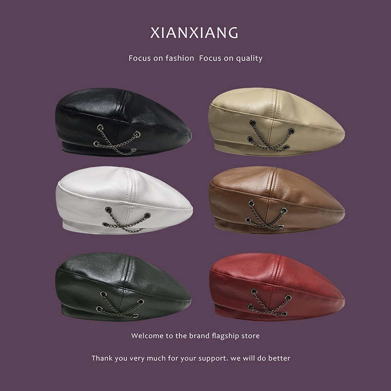 Mũ Beret Da pu Phối Dây Xích Phong Cách Thời Trang Retro Nhật Bản